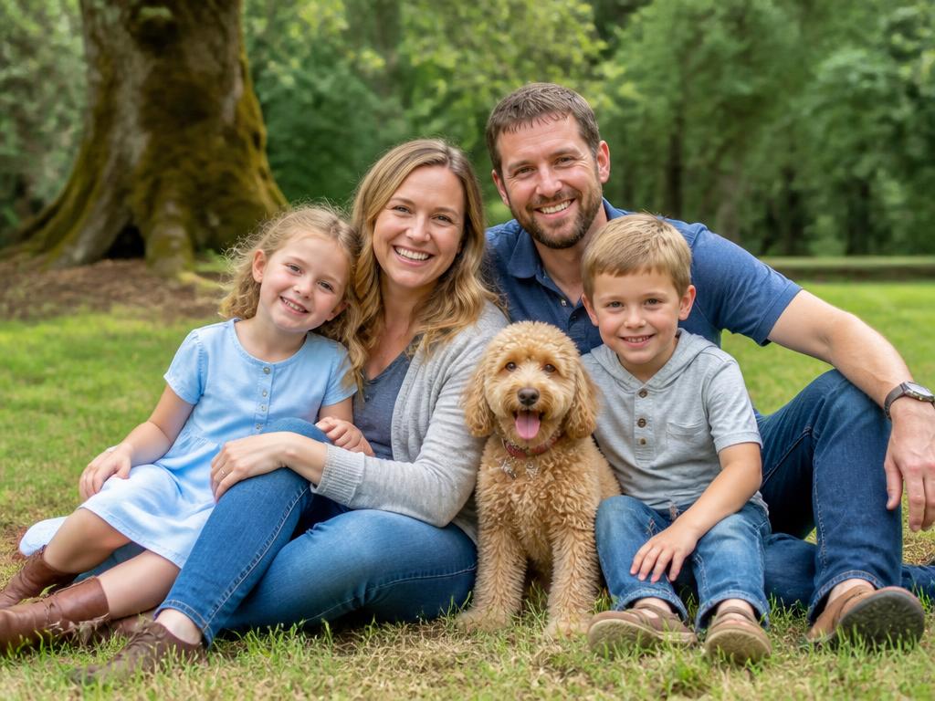 The Bennett family at home with their Joyful Doodles Mini Goldendoodle