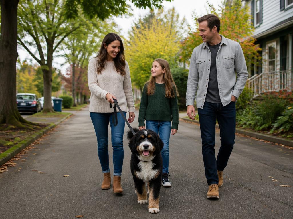 The Okoro family in their yard with their Joyful Doodles Mini Bernedoodle