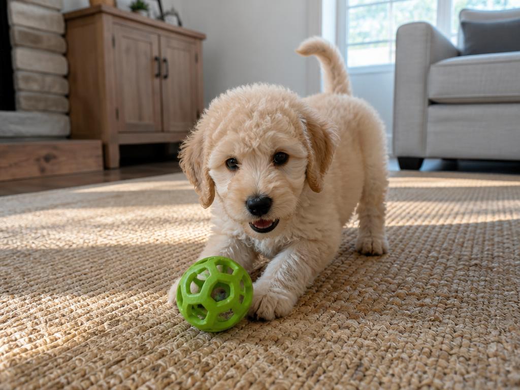 Willow the Mini Goldendoodle puppy playing on a blanket indoors