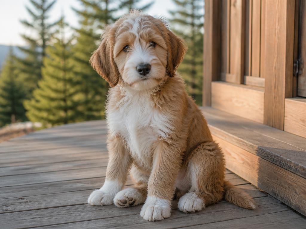 Tricolor Mini Golden Mountain Doodle puppy raised by Joyful Doodles in Washington